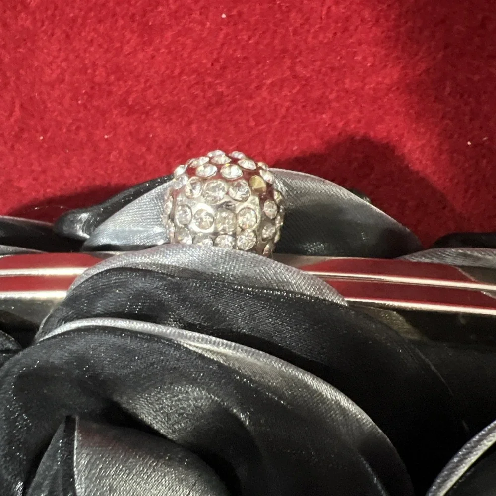 Women Satin Rose Rhinestone Black / Gray Color Handbag Silver tone chain - Picture 3 of 14